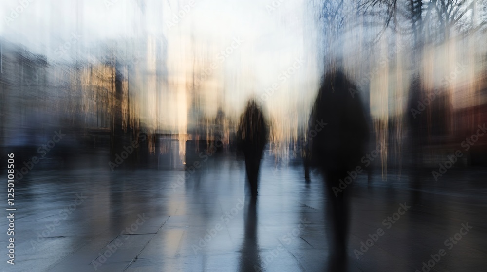 Poster artistic blur of people walking in urban area with golden twilight glow : generative ai