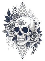 Obraz premium Floral Skull Tattoo Design Gothic Roses Geometric Pattern Dark Art Print