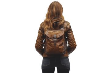 A stylish woman in a brown jacket and leather backpack stands facing away, embodying modern travel and adventure in urban settings.