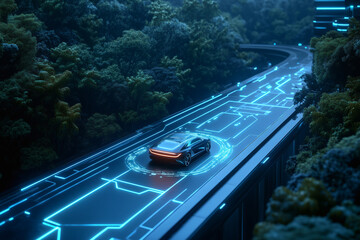 Futuristic car on illuminated smart highway