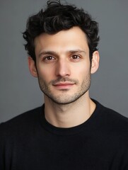 Obraz premium Portrait of a handsome man with curly hair wearing a black sweater looking confidently at the camera : Generative AI