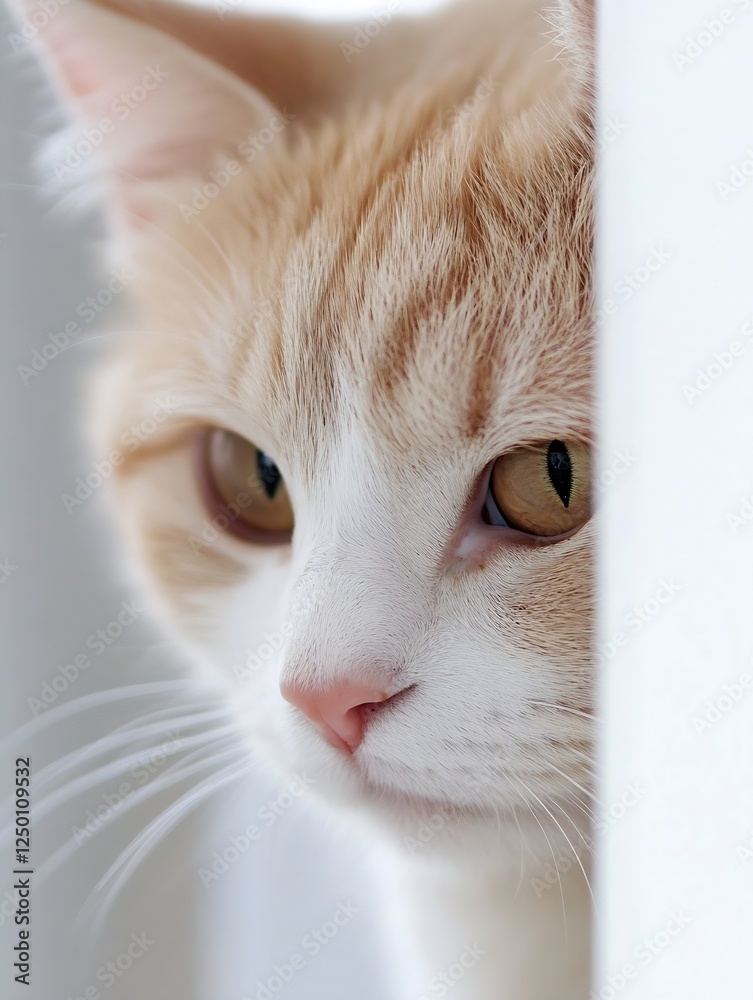 Poster closeup of a cute ginger cat with expressive eyes peeking through a gap : generative ai