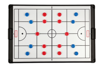 Magnetic soccer strategy board with red and blue pieces isolated with transparent background