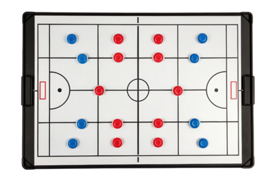 Magnetic soccer strategy board with red and blue pieces isolated with transparent background