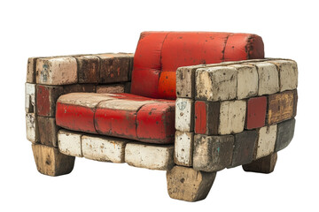 A unique, retro-inspired armchair featuring vibrant red and wooden block design that adds character...