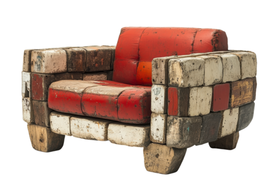 A unique, retro-inspired armchair featuring vibrant red and wooden block design that adds character to any living space while ensuring comfort.