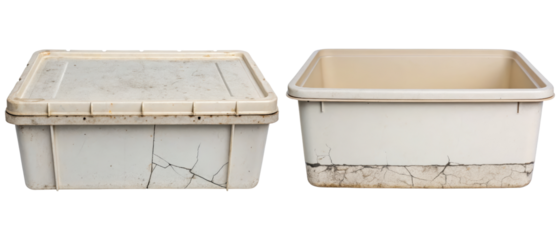 Two cracked plastic storage containers isolated with transparent background