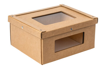Brown cardboard box with a clear window isolated with transparent background