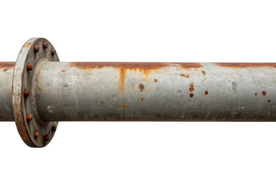 Rusty metal pipe with a flange isolated with transparent background