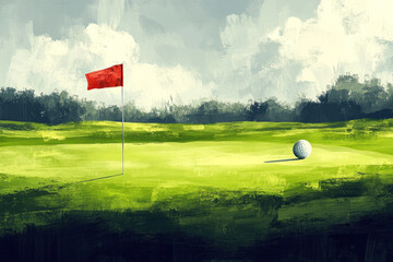 Golf ball on lush green course, vibrant depiction capturing serenity amidst nature, inviting viewers to imagine the next swing and the thrill of the game.