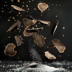 Exquisite Slices of Black Truffles and Salt Suspended in the Air on a Dramatic Dark Background