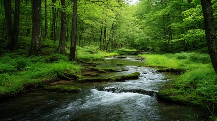 Obraz premium Serene Freshwater Stream Flowing Through a Lush Green Forest Landscape : Generative AI