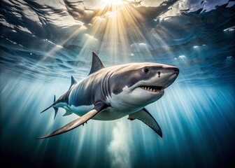 Fototapeta premium Overhead shot: a slow-motion shark glides through the ocean's depths.