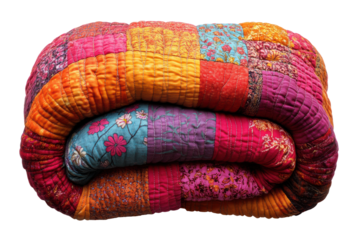 A vibrant and colorful patchwork quilt, neatly rolled and showcasing intricate patterns and rich textures, perfect for adding warmth and character to any space.