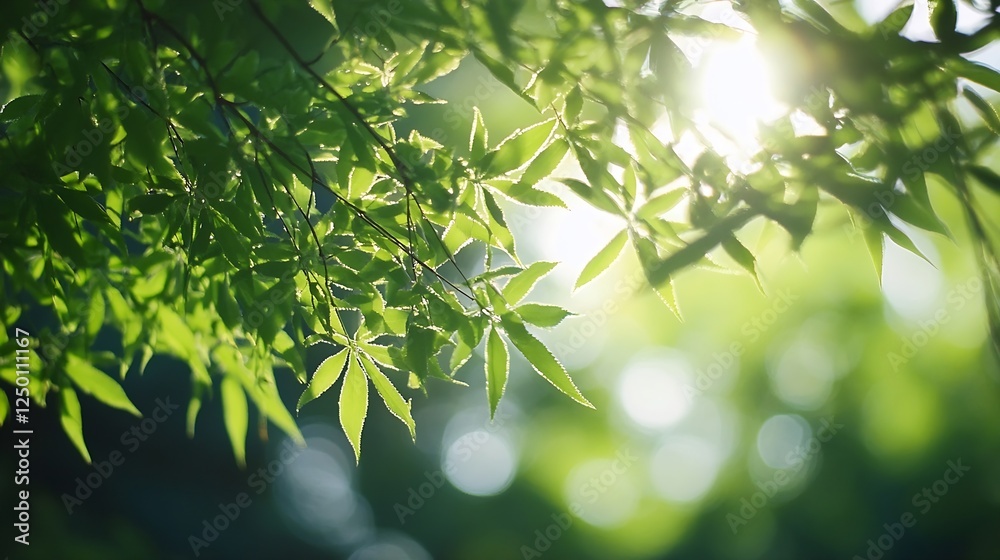 Poster Sunlight filtering through lush green leaves creating a dreamy nature scene : Generative AI