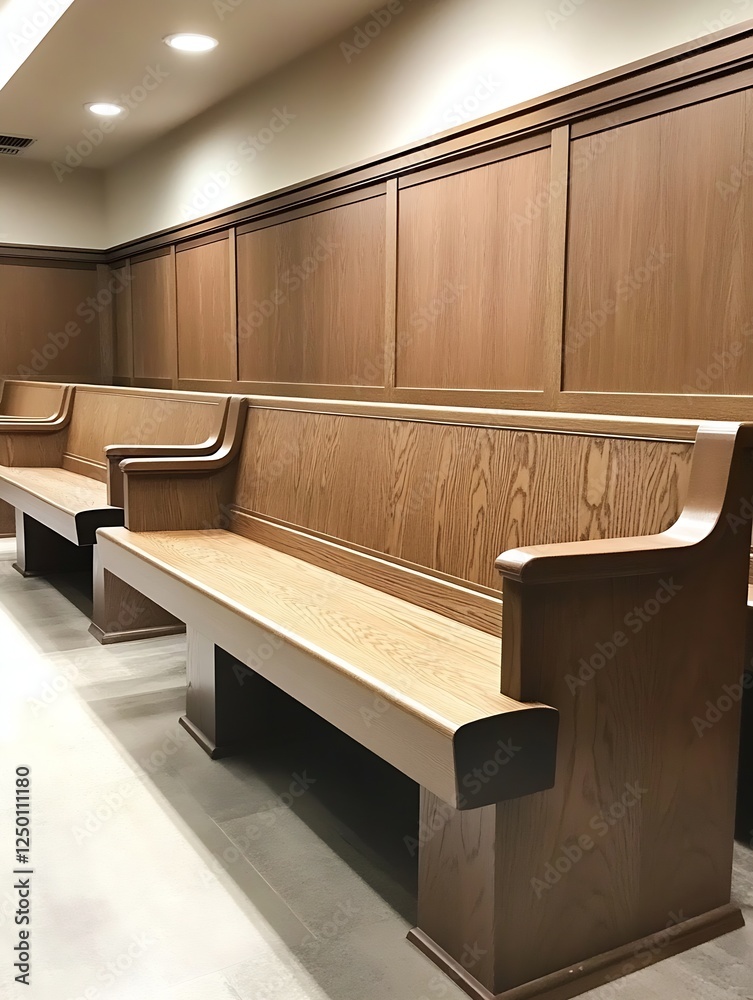 Aufkleber Empty wooden benches in a modern hallway creating a sense of calm and simplicity : Generative AI