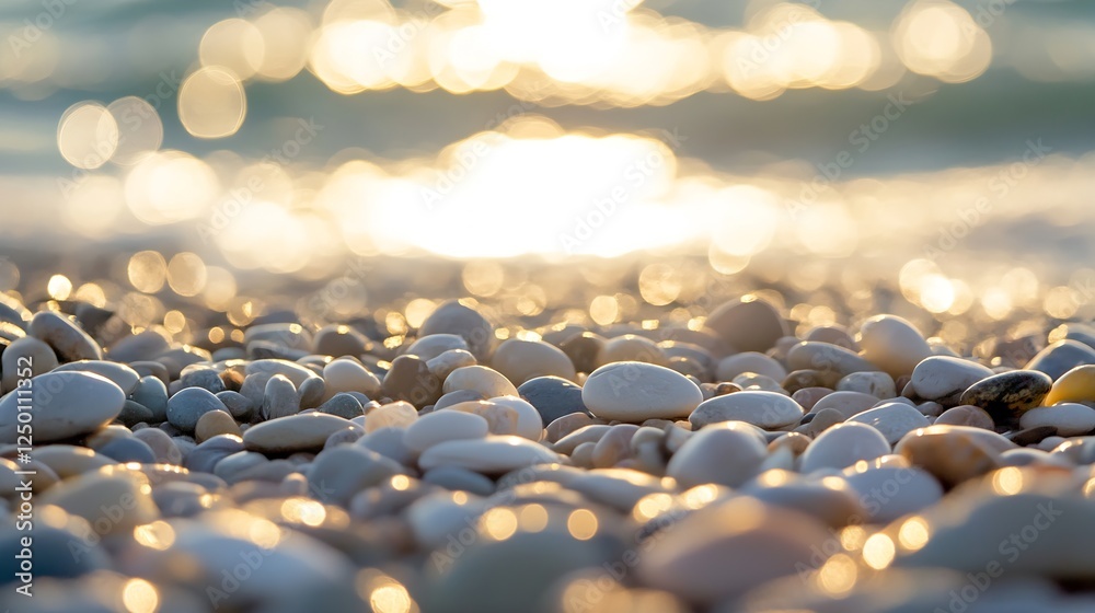 Poster serene close up of small smooth pebbles on a beach with gentle waves and beautiful sunlight reflecti