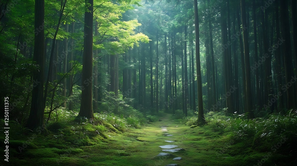 Poster Serene Dense Forest Pathway Surrounded by Lush Green Trees and a Calm Atmosphere Inviting Nature Walks : Generative AI
