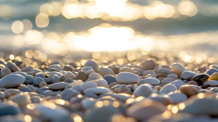 Obraz premium Serene Close Up of Small Smooth Pebbles on a Beach with Gentle Waves and Beautiful Sunlight Reflection : Generative AI