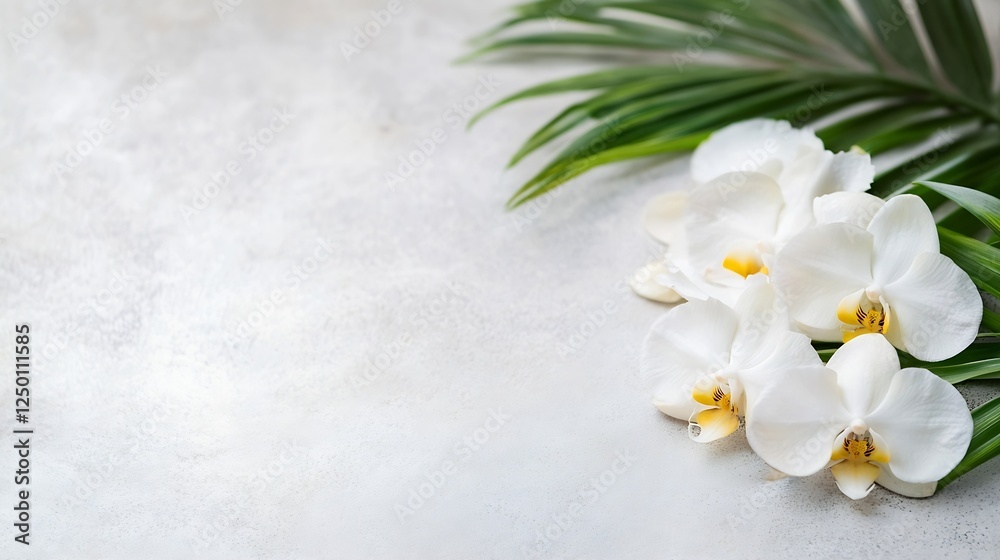 Poster Elegant White Orchids with Green Leaves on Soft Background for Serenity and Nature Themes : Generative AI