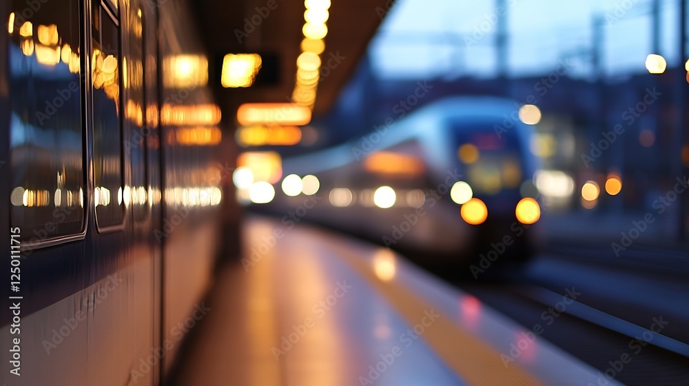 Poster motion blur of a train arriving at a station during dusk with warm lights : generative ai