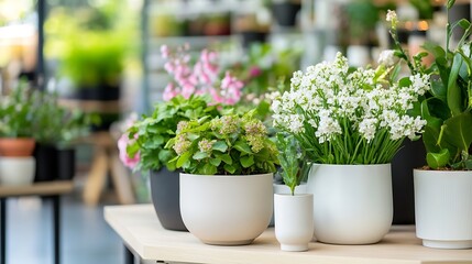 Lush indoor plants in modern pots creating a vibrant and fresh atmosphere in a botanical space : Generative AI