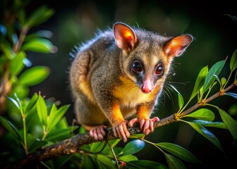 Obraz premium Adorable Brush-Tailed Possum Climbing a Tree Branch - Tilt-Shift Miniature Photography