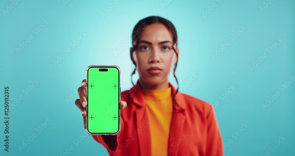 Poster hand, phone and green screen with woman in studio, face and mock up space with ui by blue background