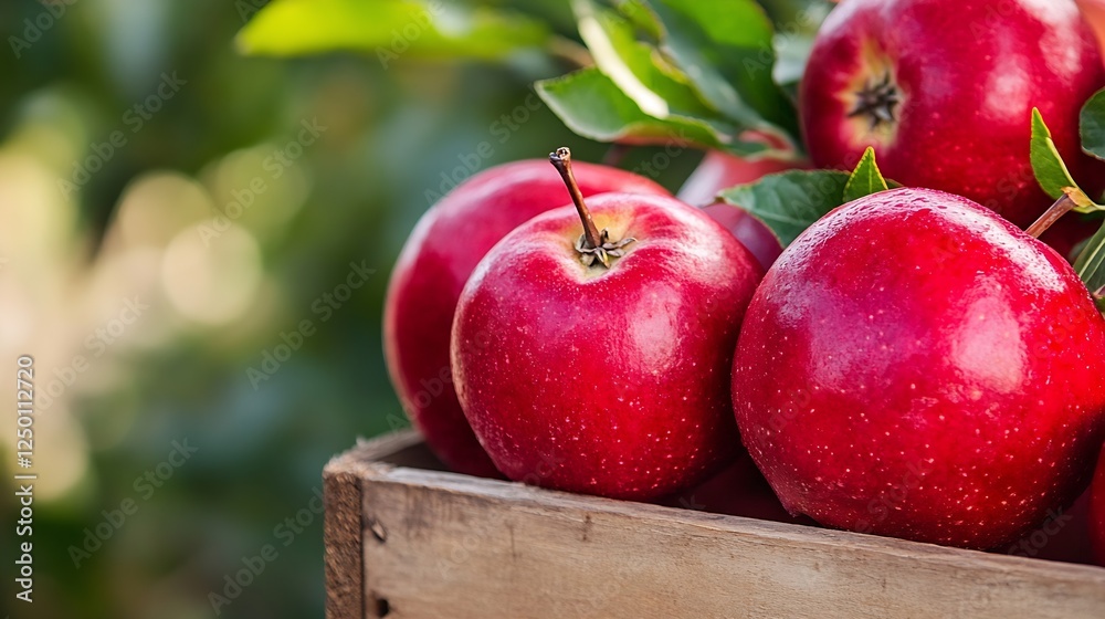 Poster Fresh red apples in a wooden crate surrounded by lush greenery and soft light : Generative AI