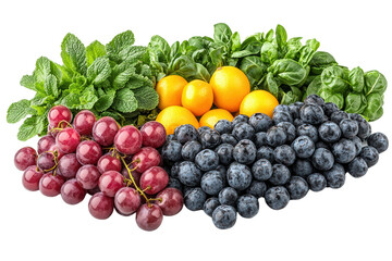 A vibrant assortment of fresh fruits and herbs, including grapes, blueberries, golden berries, and mint, perfect for healthy recipes and colorful dishes.