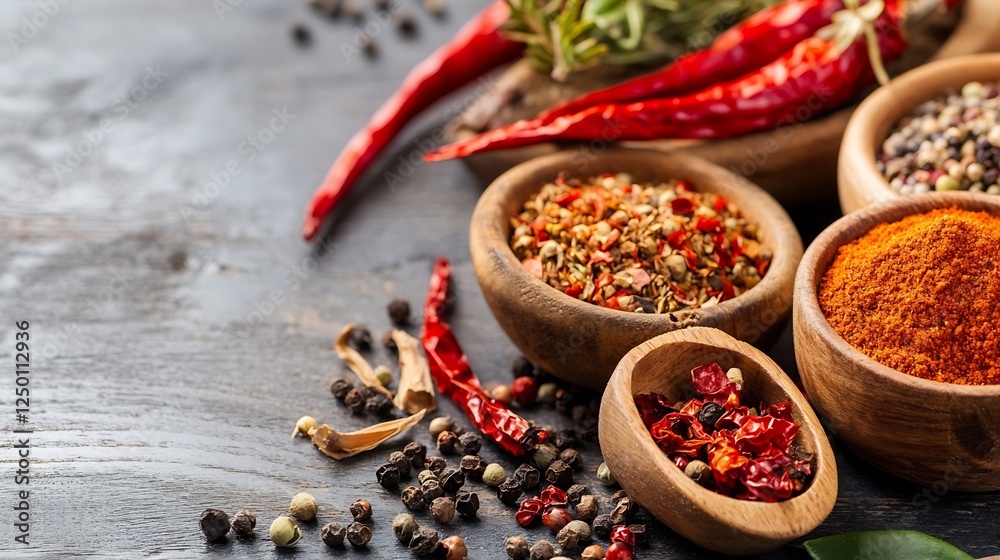 Poster Assorted Spices and Herbs in Wooden Bowls Displayed on a Rustic Table : Generative AI