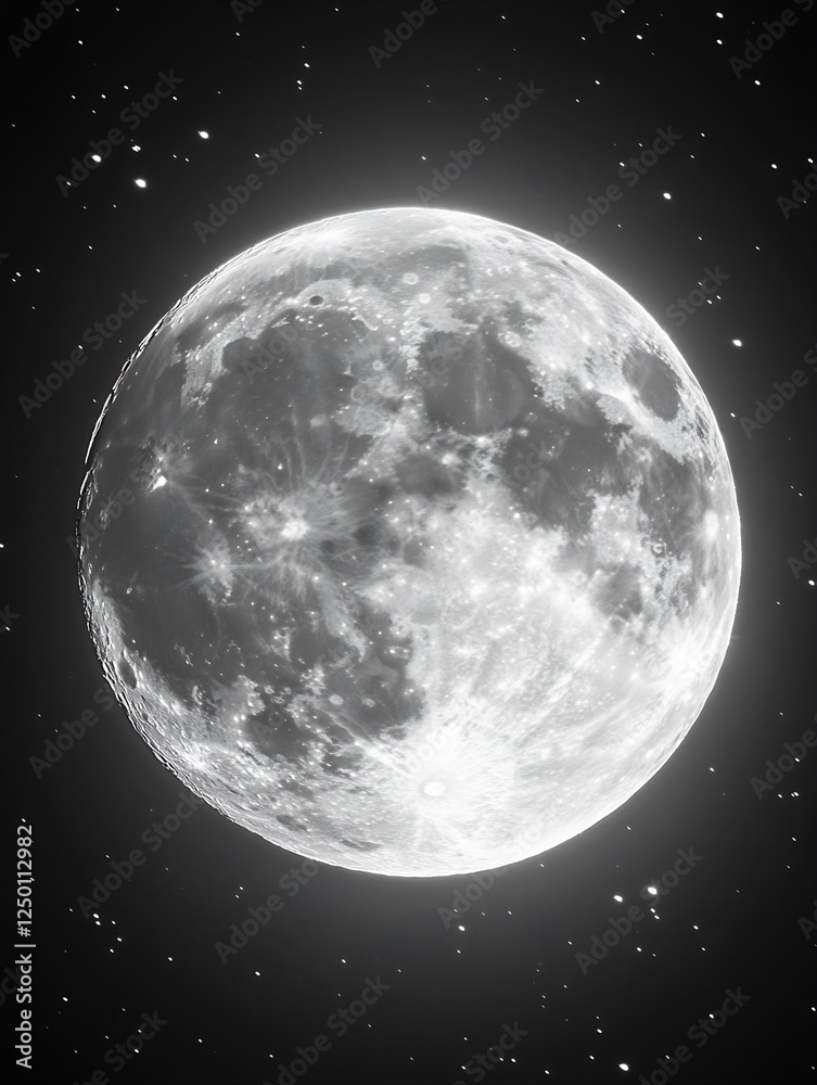 Poster glowing full moon displaying detailed lunar surface against a backdrop of stars in the night sky : g