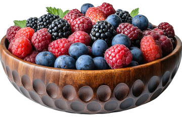A vibrant assortment of fresh berries, including blueberries, raspberries, and blackberries, displayed in a beautifully crafted wooden bowl.