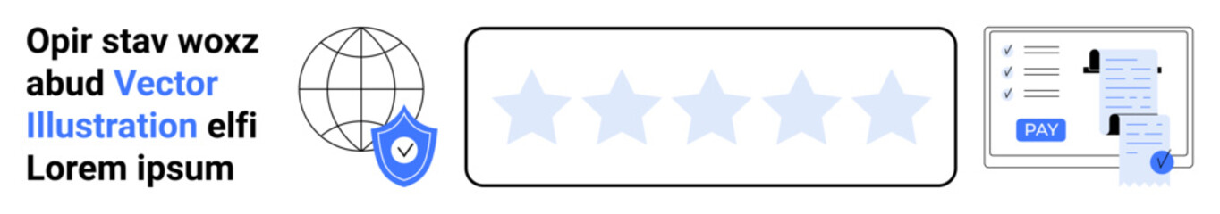 Globe with checkmark shield, five stars for rating, payment form on digital screen. Ideal for online reviews, cybersecurity, e-commerce, digital trust, financial transactions, feedback systems