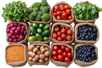A vibrant assortment of fresh vegetables and fruits displayed in burlap sacks, showcasing health, color, and variety for culinary inspiration.