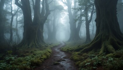 Fototapeta premium Enigmatic Path Through Ancient Fog-Enshrouded Forest Trees
