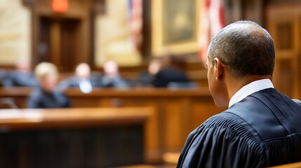 Obraz premium Justice in Session Judge Overseeing Courtroom Proceedings with Lawyers and Defendants Present : Generative AI