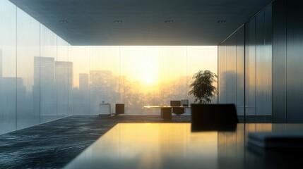 Fototapeta premium Modern office with sunrise city view, glass walls. Perfect for corporate, business, and real estate projects.