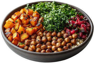 A vibrant bowl filled with roasted squash, chickpeas, fresh herbs, and diced vegetables, showcasing healthy and delicious meal options.