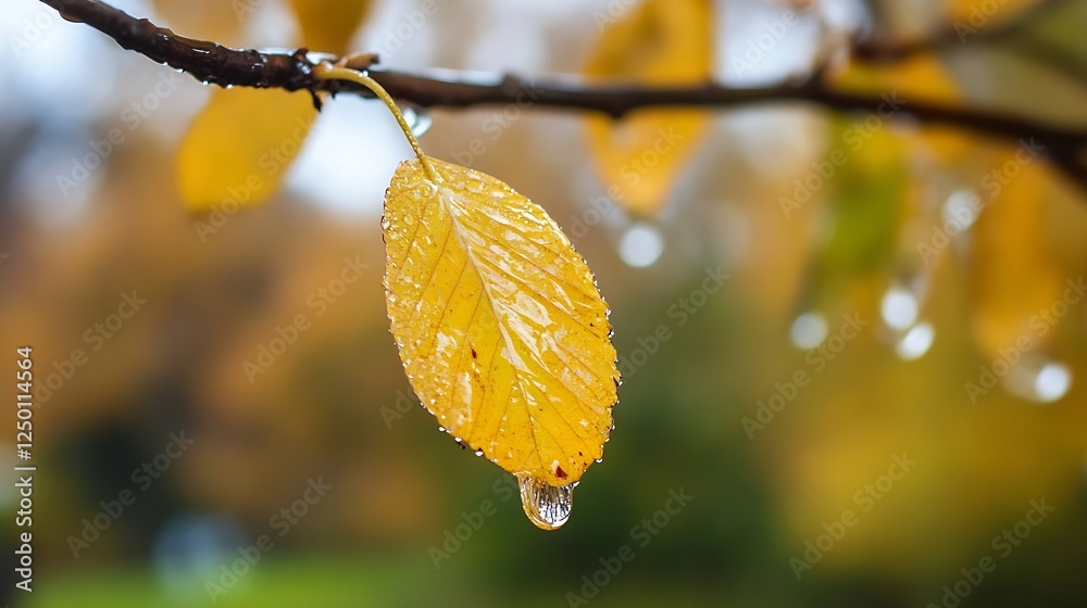 Poster close up of a raindrop covered golden yellow autumn leaf on a branch : generative ai