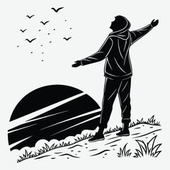 A man watching a sunrise, silhouette image vector art and illustration