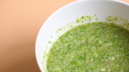 Thai spicy seafood dipping sauce on white bowl