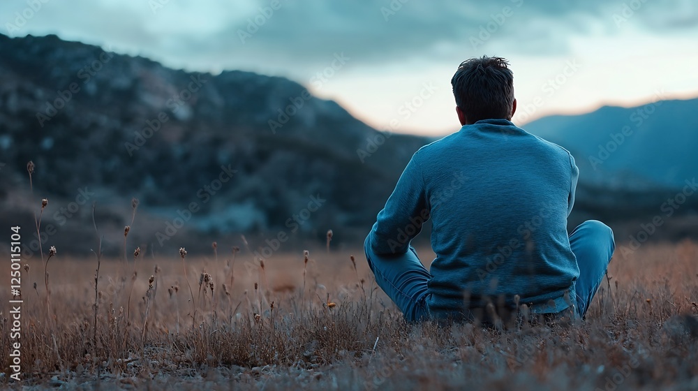 Poster man sitting alone on grassy field contemplating life in nature during sunset : generative ai