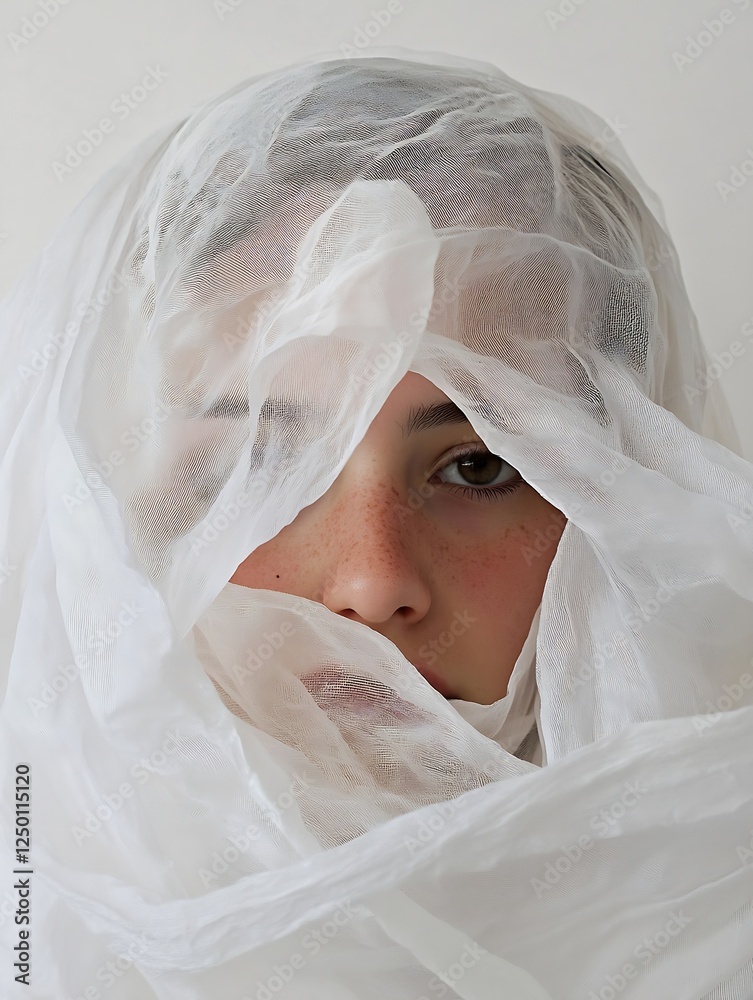 Poster artistic portrait of a woman with a white veil creating a mysterious and ethereal atmosphere : gener