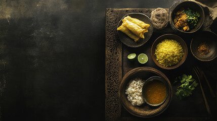 An elegantly arranged Asian gourmet spread viewed from above on a deep charcoal background
