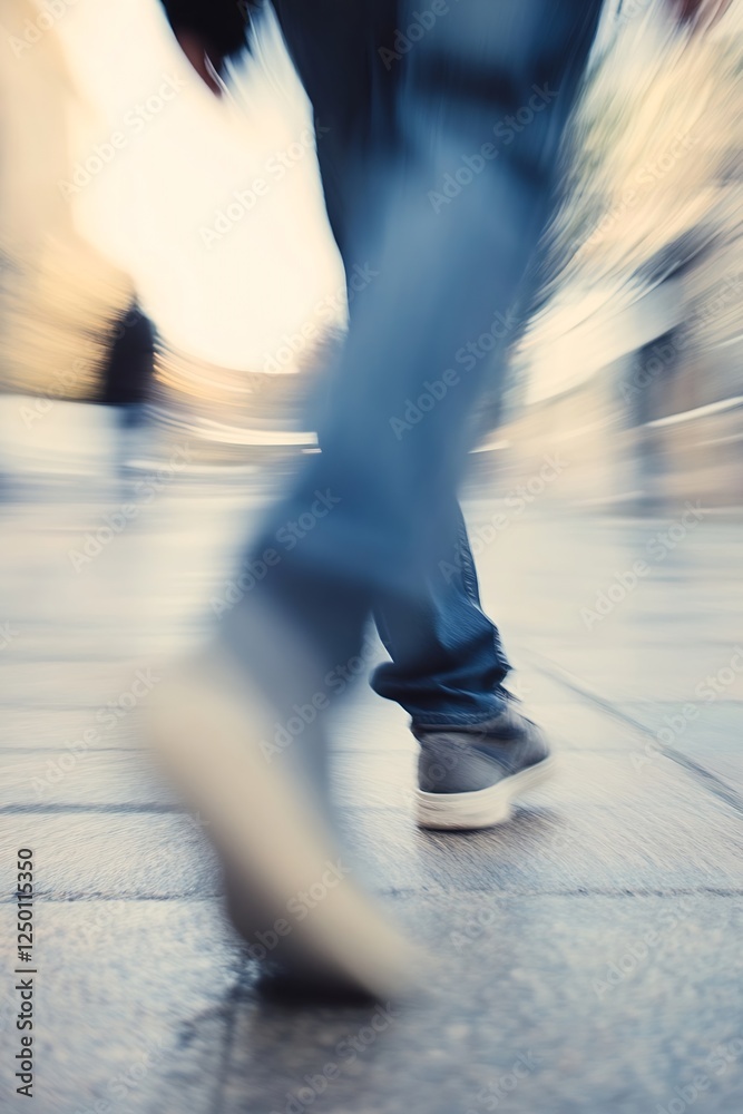 Aufkleber Person Walking on Urban Street with Motion Blur Creating a Dynamic Impression of Movement : Generative AI
