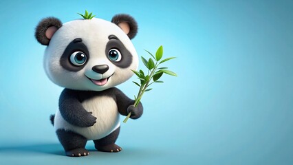 Naklejka premium Adorable Panda Character with Plant, Light Blue Background Stock Photo