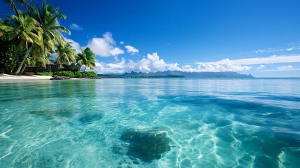 Fototapeta premium Crystal clear turquoise water and palm trees on a beautiful tropical beach under a sunny sky : Generative AI