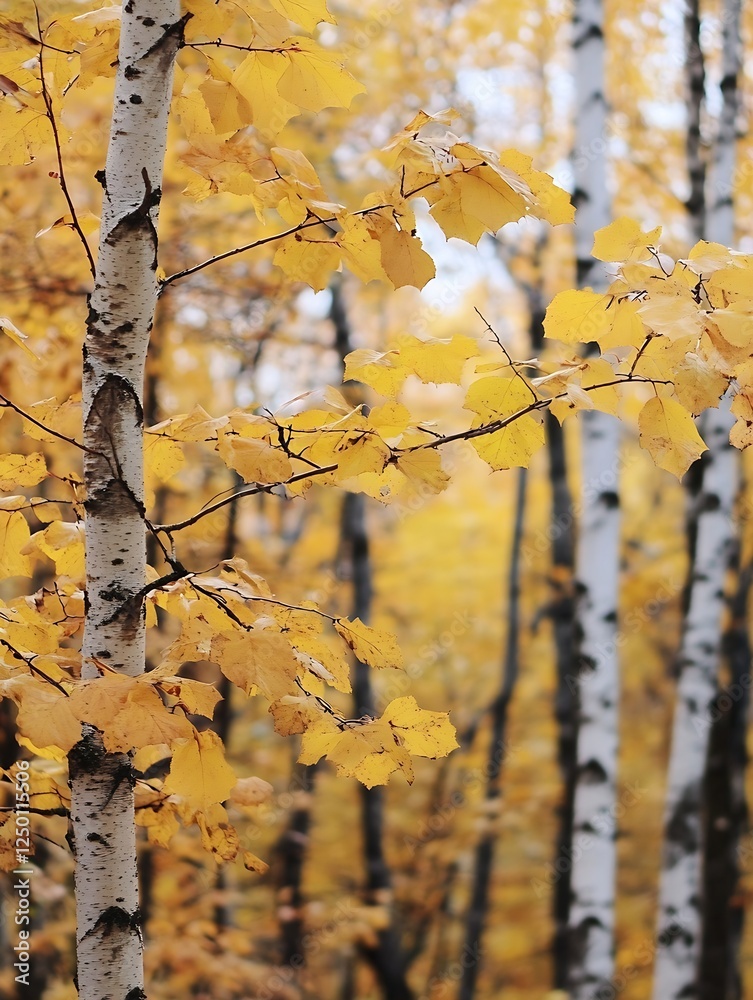 Poster vibrant autumn leaves against a soft focus background of birch trees in warm yellow hues : generativ