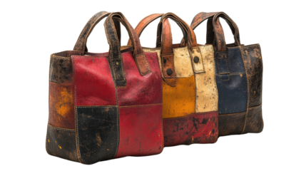 A vibrant collection of vintage bags, showcasing a mix of colors and worn textures. Perfect for fashion enthusiasts and lovers of retro accessories.